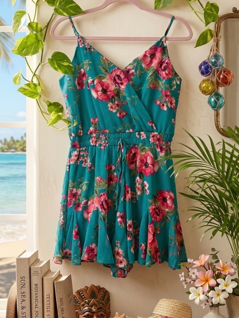 Trixxi Teal Floral Wrap Romper with Pink Blooms
